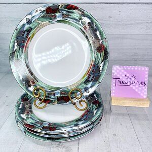 Epoch PIONEER BAY Houses Barns Ships Birds Water Ceramic Dinner Plates Set of 4